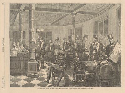 La sala di lettura del Fifth Avenue Hotel a New York - Discussione delle notizie da Chicago, illustrazione da Every Saturday, 1871 da American School